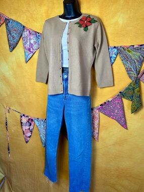 New York & Company Tan Cardigan with Red Floral Applique